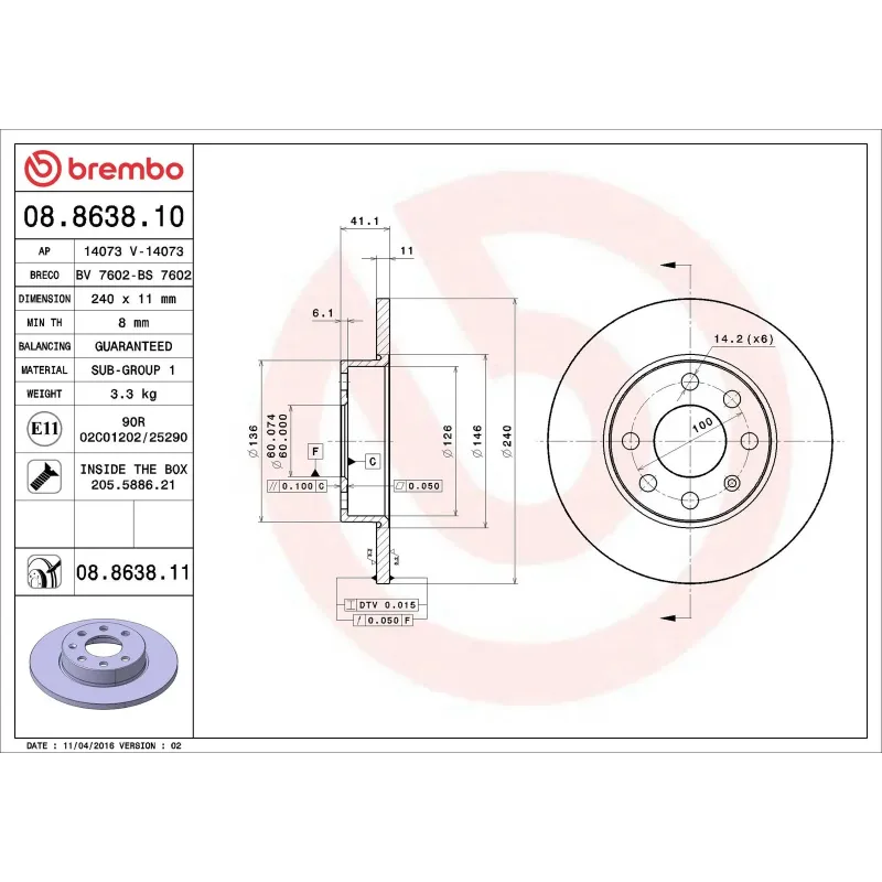 BREMBO 08.8638.10 Disco de freno (Unidad)