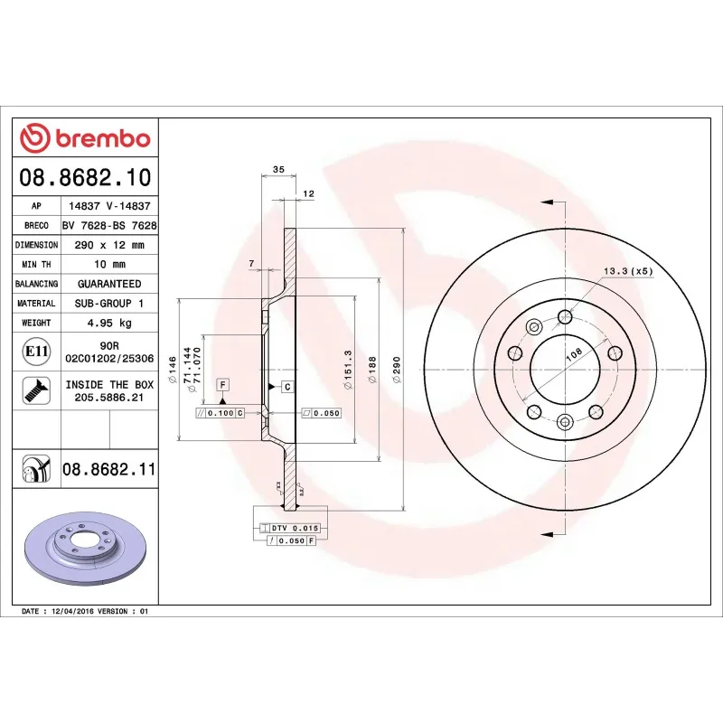 BREMBO 08.8682.11 Disco de freno (Unidad)