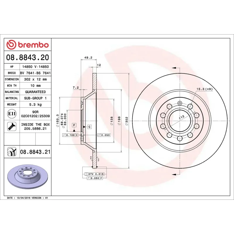 BREMBO 08.8843.20 Disco de freno (Unidad)