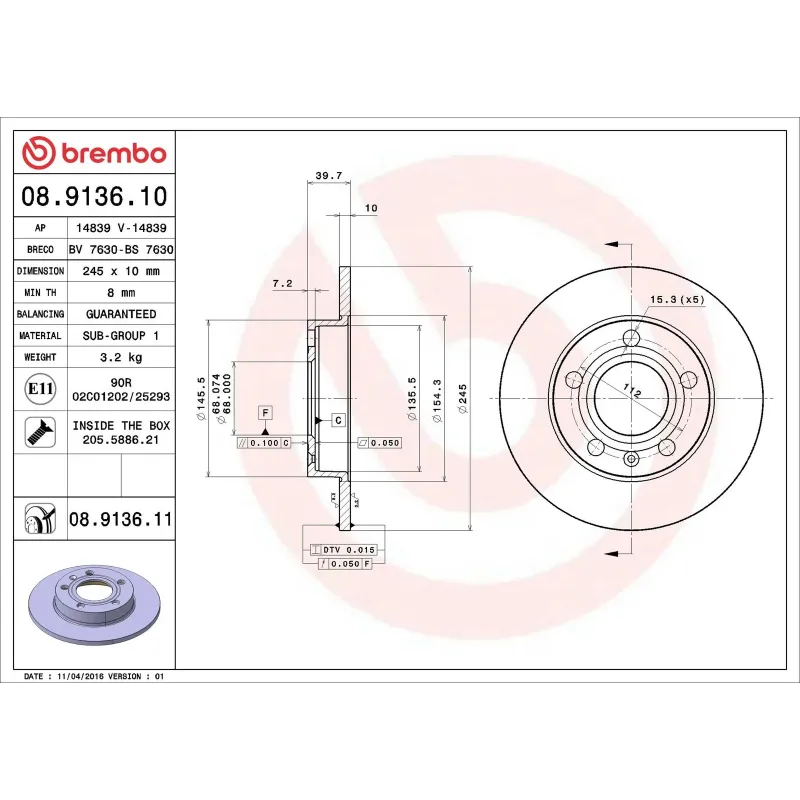 BREMBO 08.9136.10 Disco de freno (Unidad)