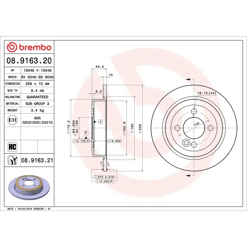 BREMBO 08.9163.20 Disco de freno (Unidad)