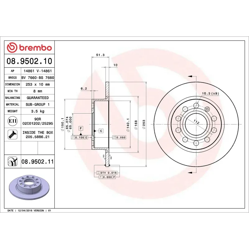 BREMBO 08.9502.11 Disco de freno (Unidad)