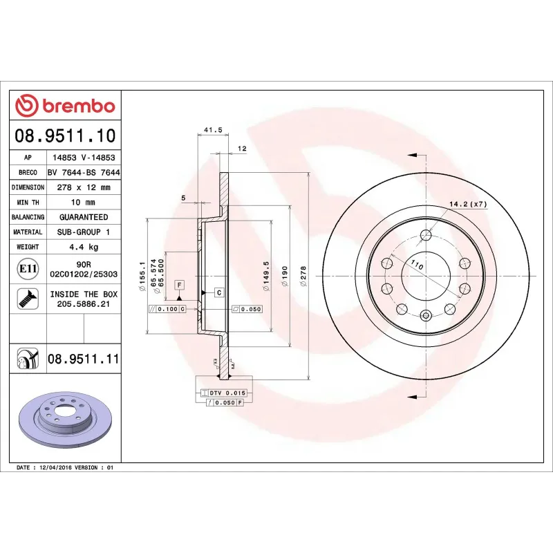 BREMBO 08.9511.10 Disco de freno (Unidad)