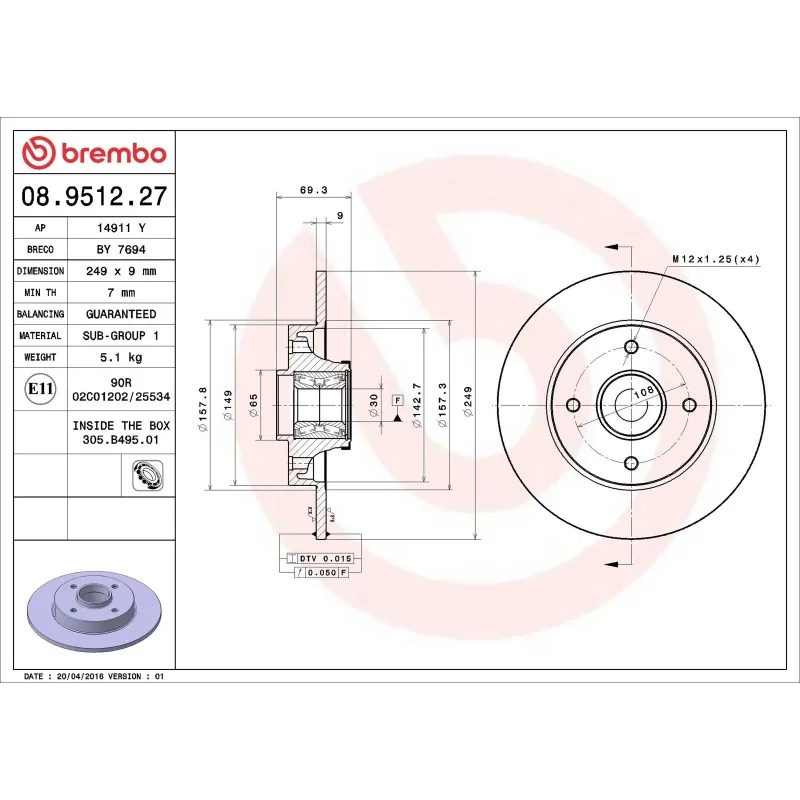BREMBO 08.9512.27 Disco de freno (Unidad)
