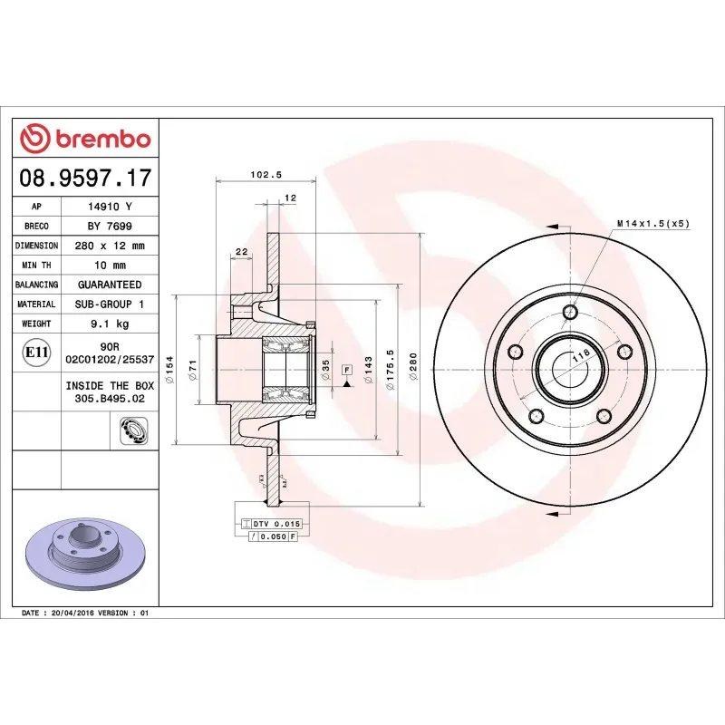 BREMBO 08.9597.17 Disco de freno (Unidad)