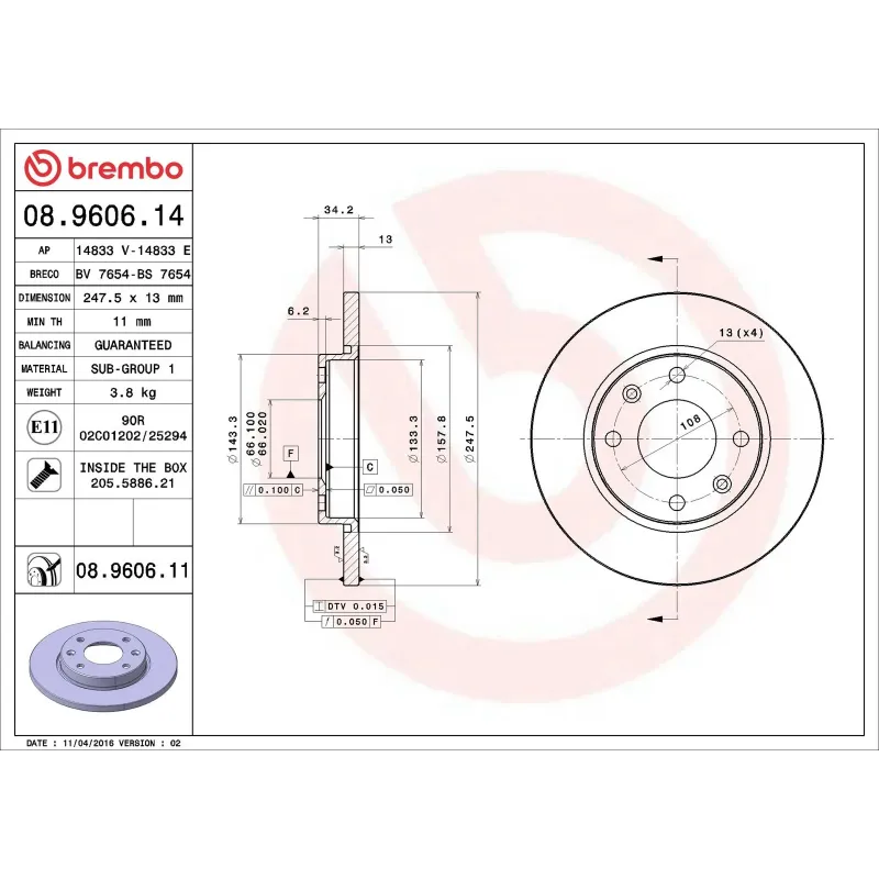 BREMBO 08.9606.14 Disco de freno (Unidad)
