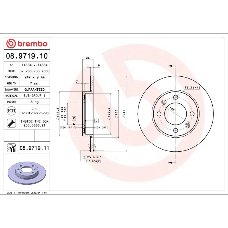 BREMBO 08.9719.10 Disco de freno (Unidad)