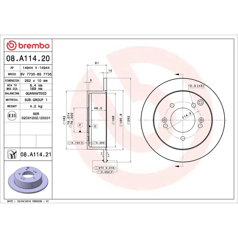 BREMBO 08.A114.20 Disco de freno (Unidad)