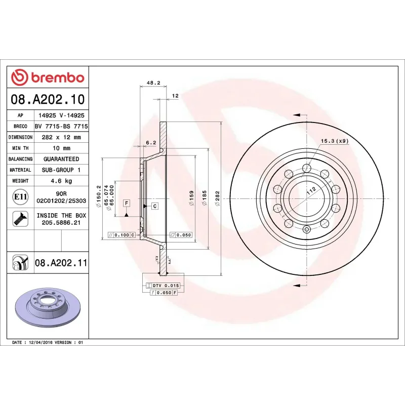 BREMBO 08.A202.10 Disco de freno (Unidad)