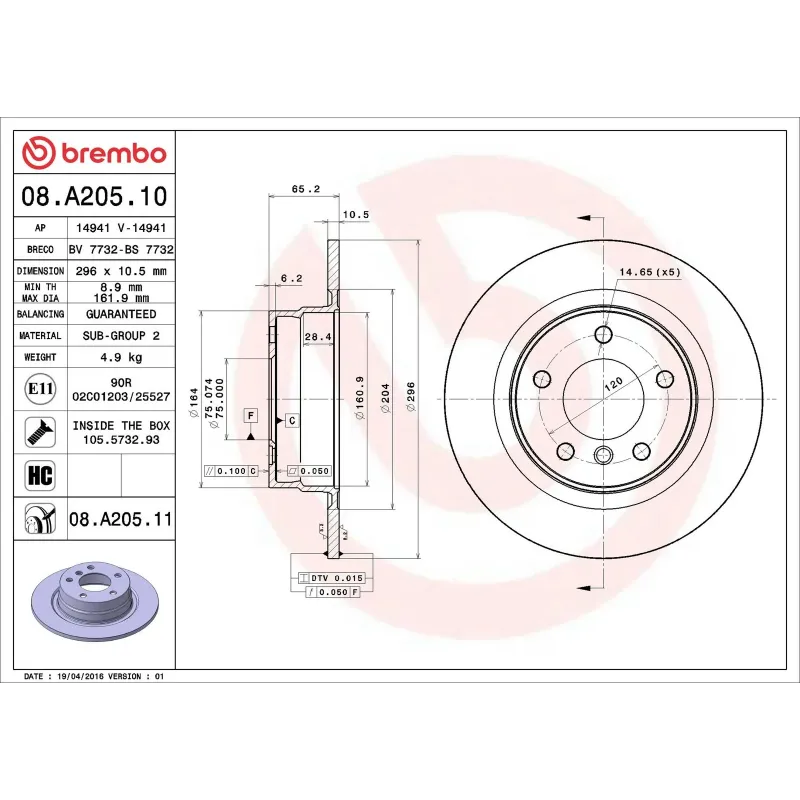 BREMBO 08.A205.10 Disco de freno (Unidad)