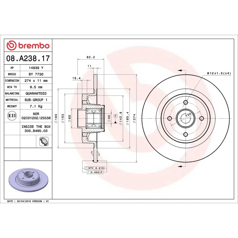 BREMBO 08.A238.17 Disco de freno (Unidad)