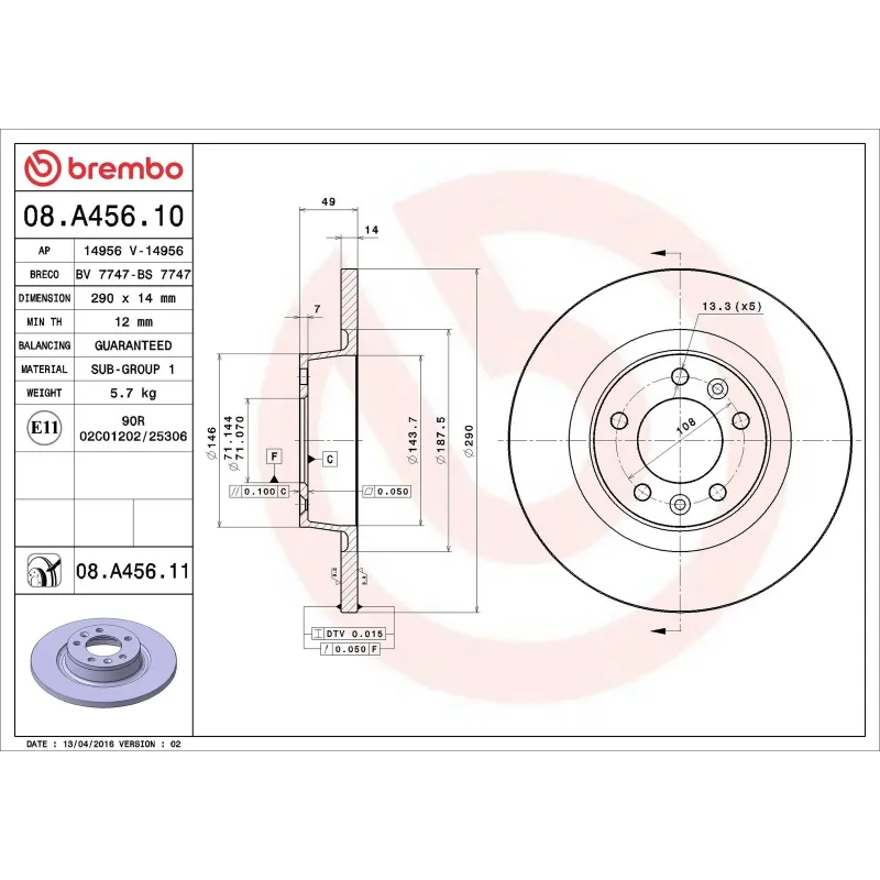 BREMBO 08.A456.10 Disco de freno (Unidad)