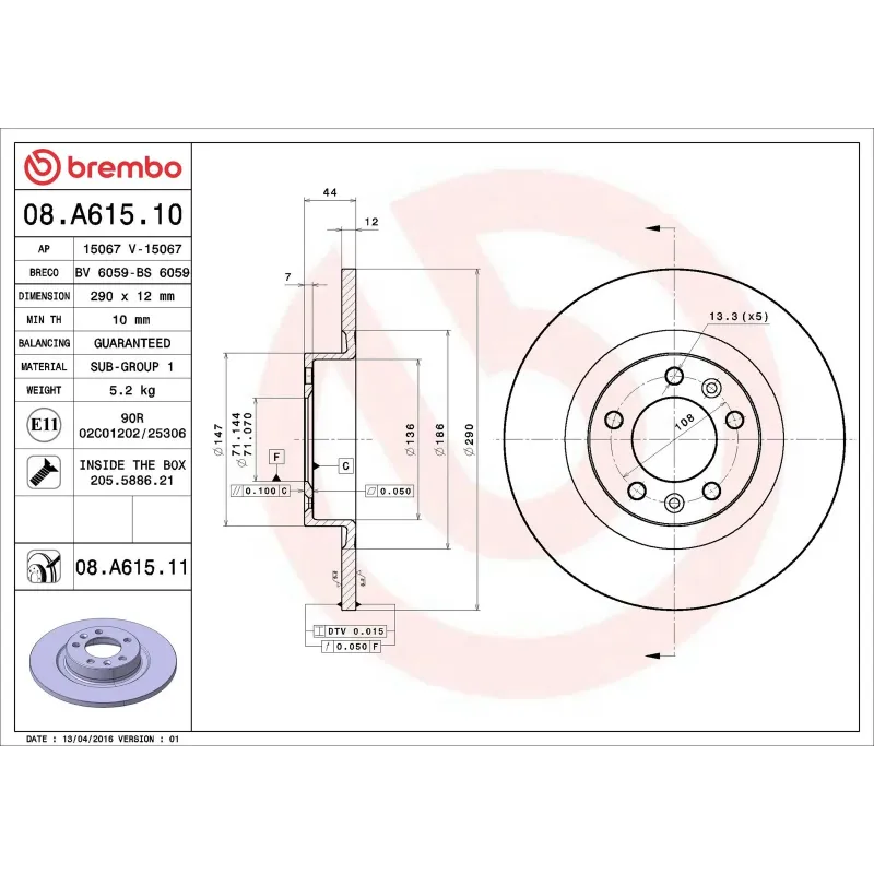 BREMBO 08.A615.10 Disco de freno (Unidad)