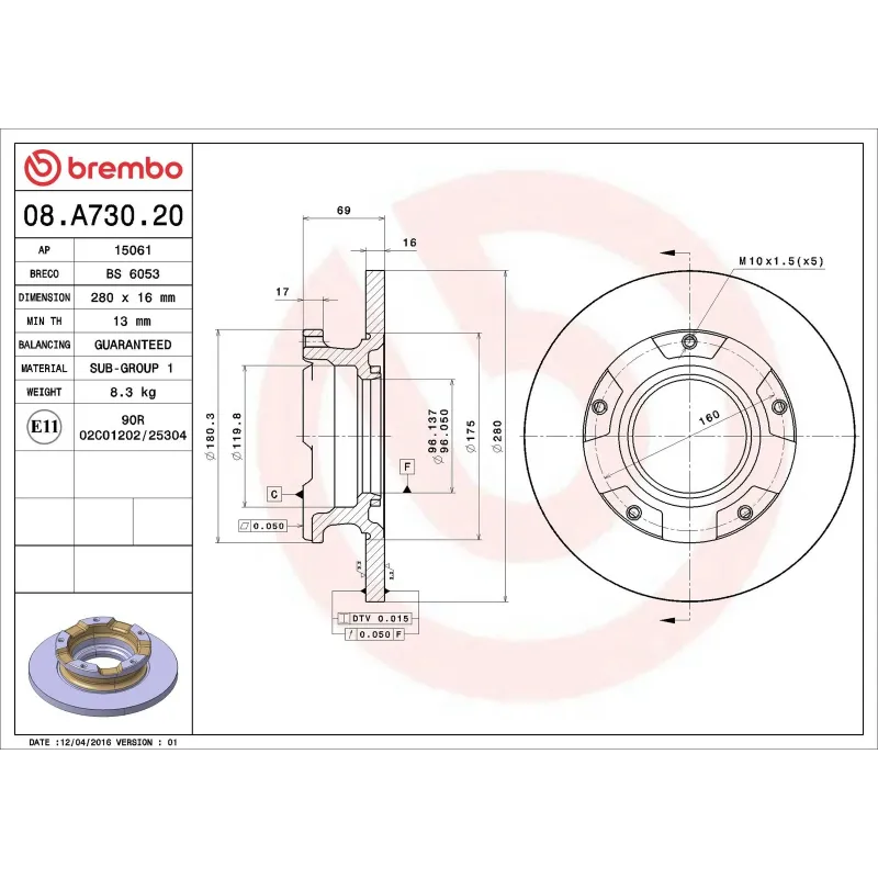 BREMBO 08.A730.20 Disco de freno (Unidad)