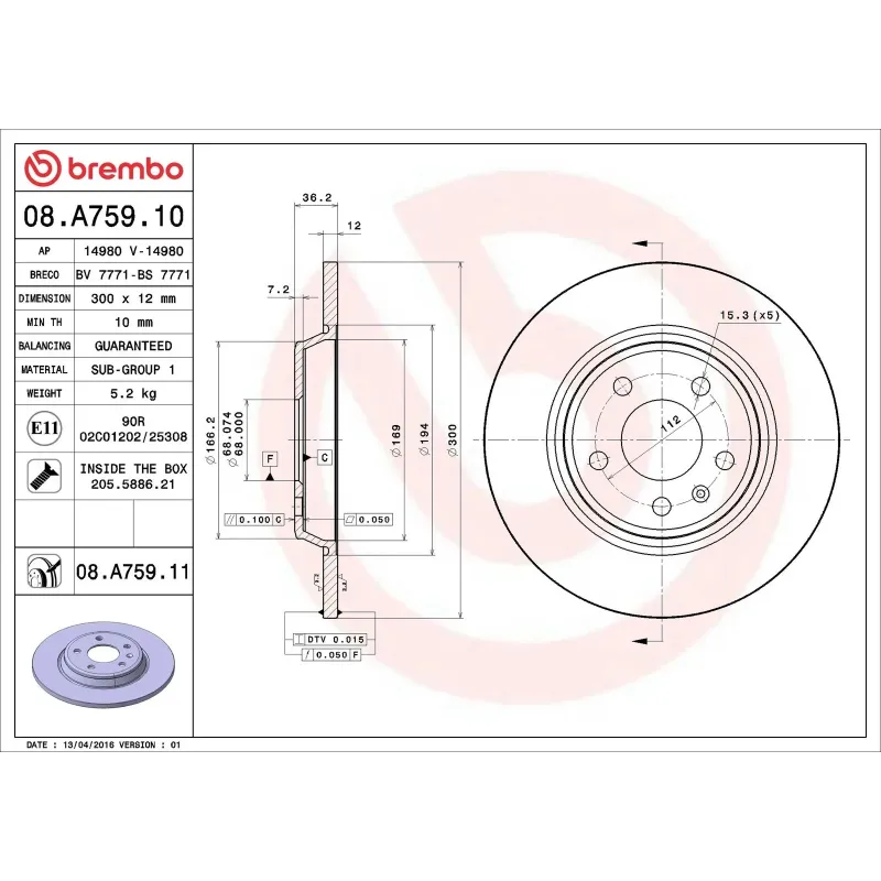 BREMBO 08.A759.10 Disco de freno (Unidad)