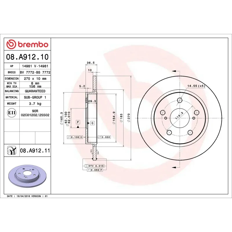 BREMBO 08.A912.10 Disco de freno (Unidad)