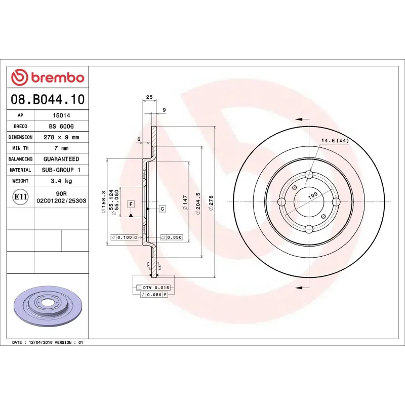 BREMBO 08.B044.10 Disco de freno (Unidad)