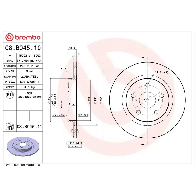 BREMBO 08.B045.10 Disco de freno (Unidad)