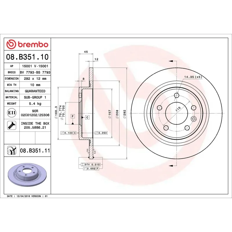 BREMBO 08.B351.10 Disco de freno (Unidad)