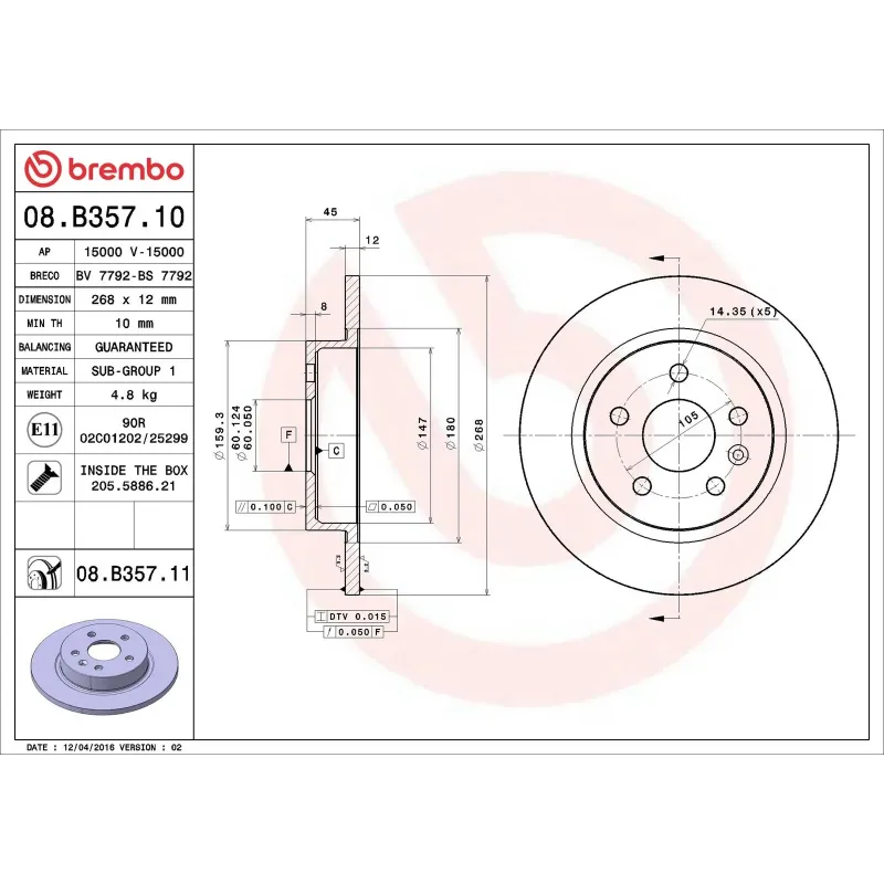 BREMBO 08.B357.11 Disco de freno (Unidad)