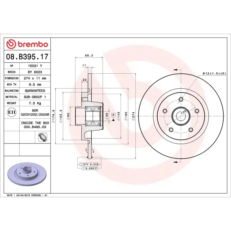 BREMBO 08.B395.17 Disco de freno (Unidad)