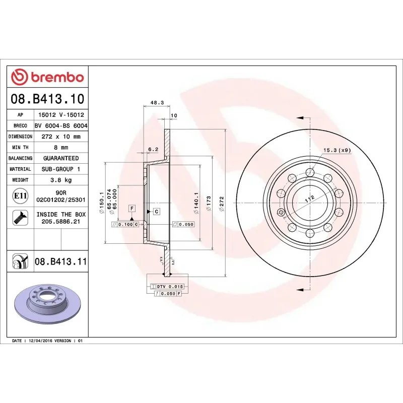 BREMBO 08.B413.10 Disco de freno (Unidad)