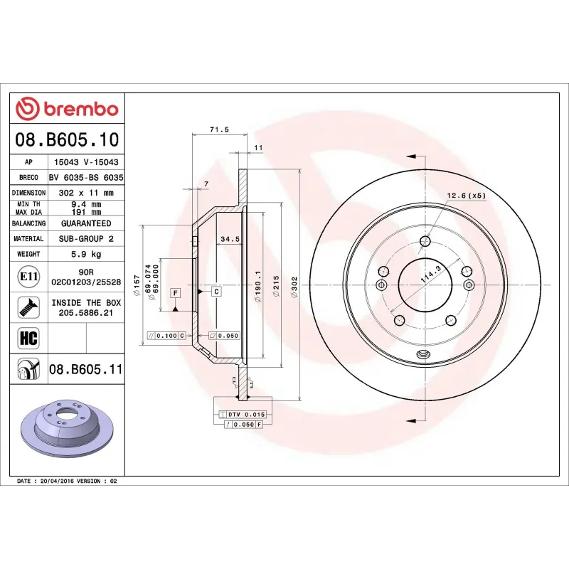 BREMBO 08.B605.10 Disco de freno (Unidad)