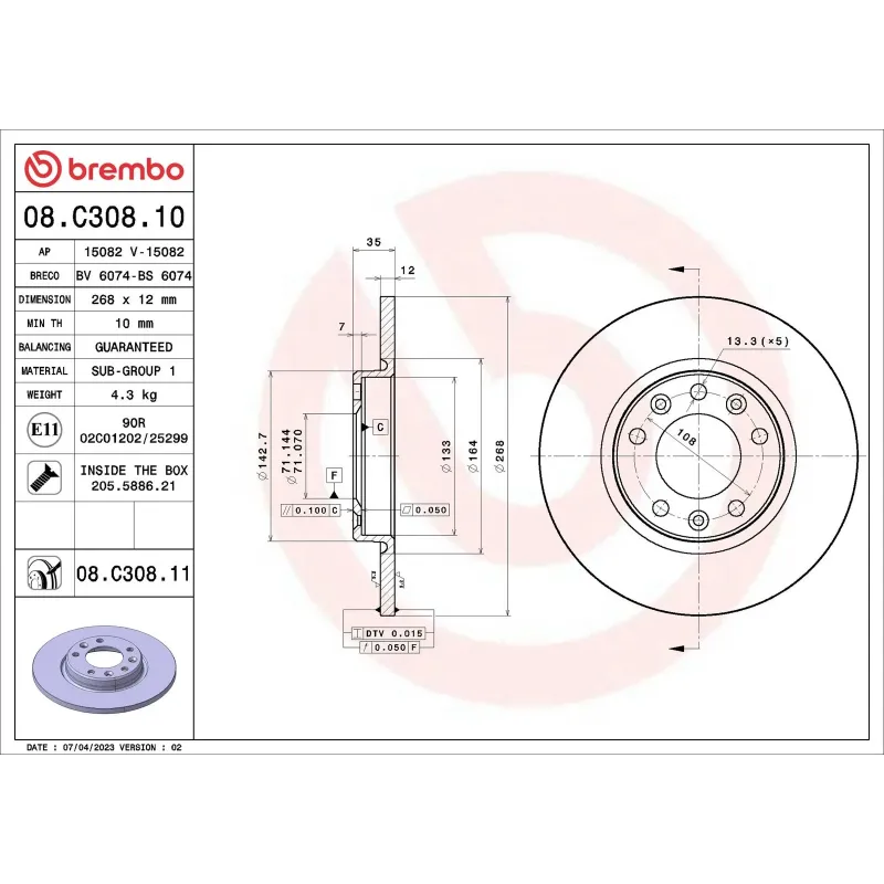 BREMBO 08.C308.11 Disco de freno (Unidad)