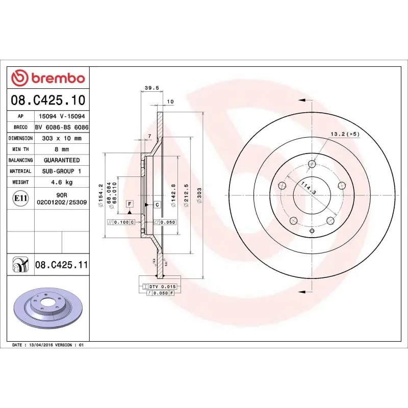 BREMBO 08.C425.11 Disco de freno (Unidad)