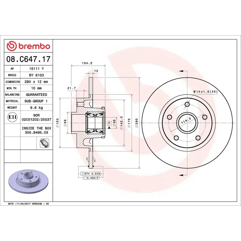 BREMBO 08.C647.17 Disco de freno (Unidad)