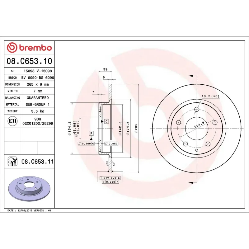 BREMBO 08.C653.11 Disco de freno (Unidad)