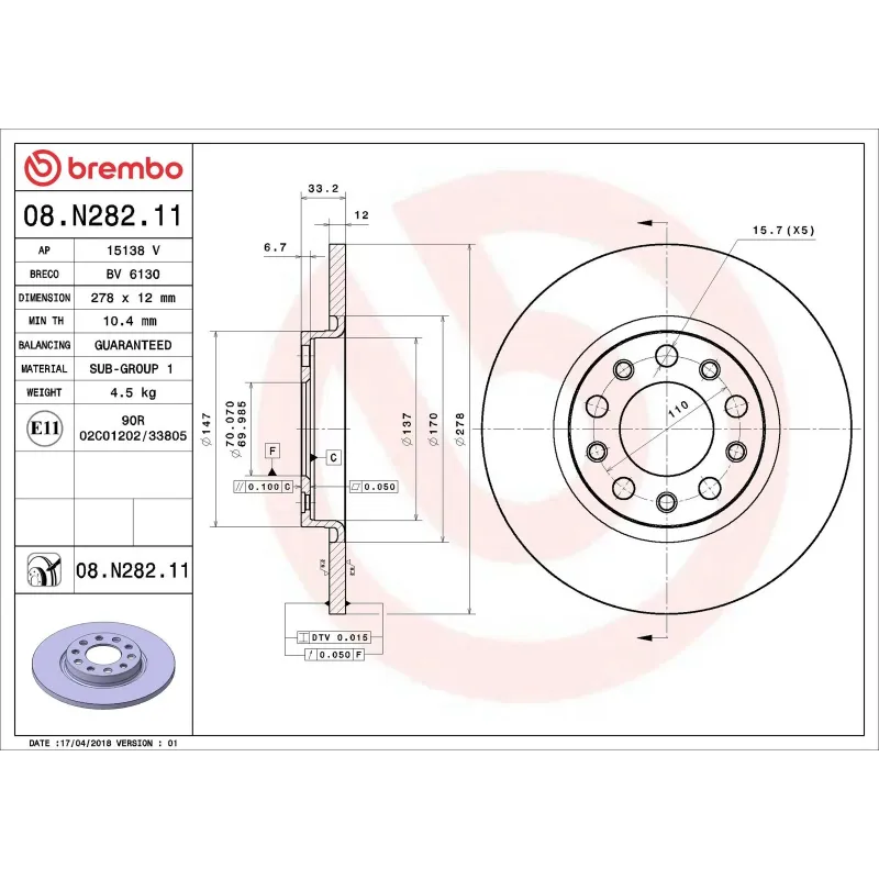 BREMBO 08.N282.11 Disco de freno (Unidad)