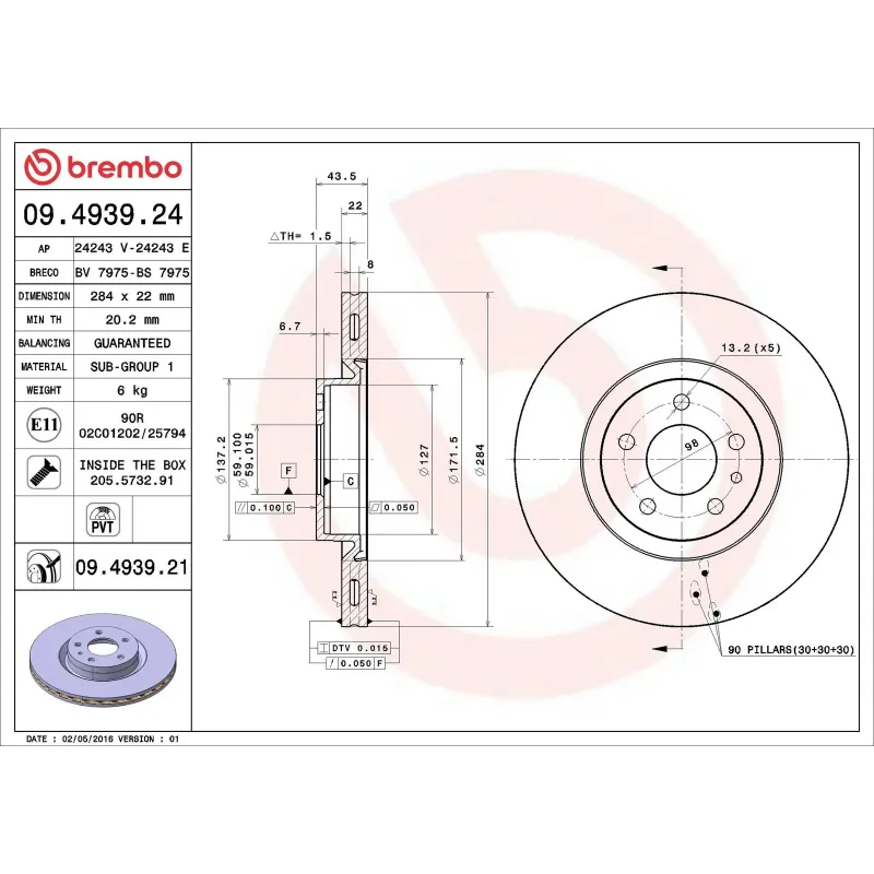 BREMBO 09.4939.24 Disco de freno (Unidad)