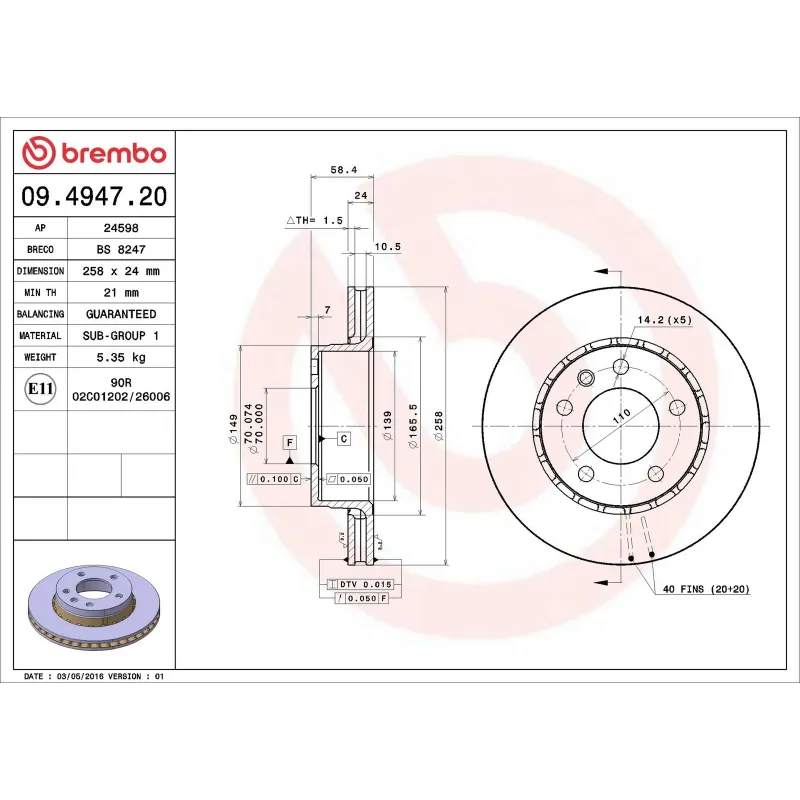 BREMBO 09.4947.20 Disco de freno (Unidad)