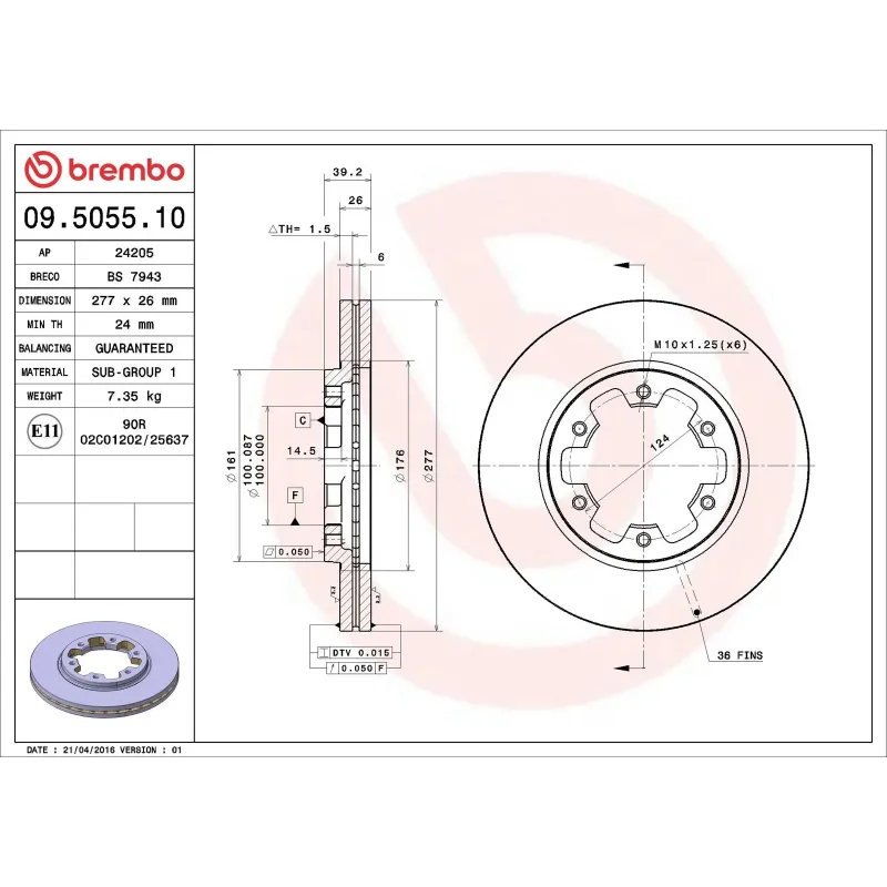 BREMBO 09.5055.10 Disco de freno (Unidad)