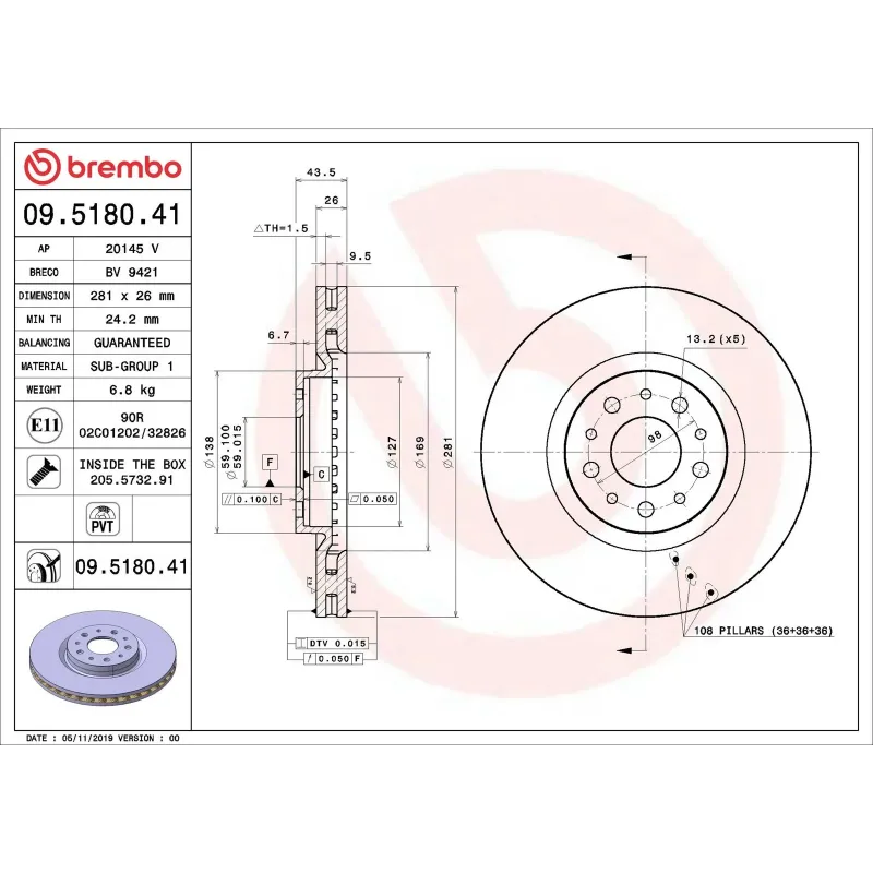 BREMBO 09.5180.41 Disco de freno (Unidad)