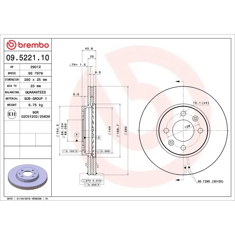 BREMBO 09.5221.10 Disco de freno (Unidad)