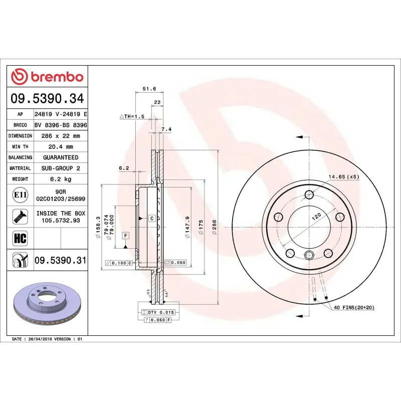 BREMBO 09.5390.34 Disco de freno (Unidad)