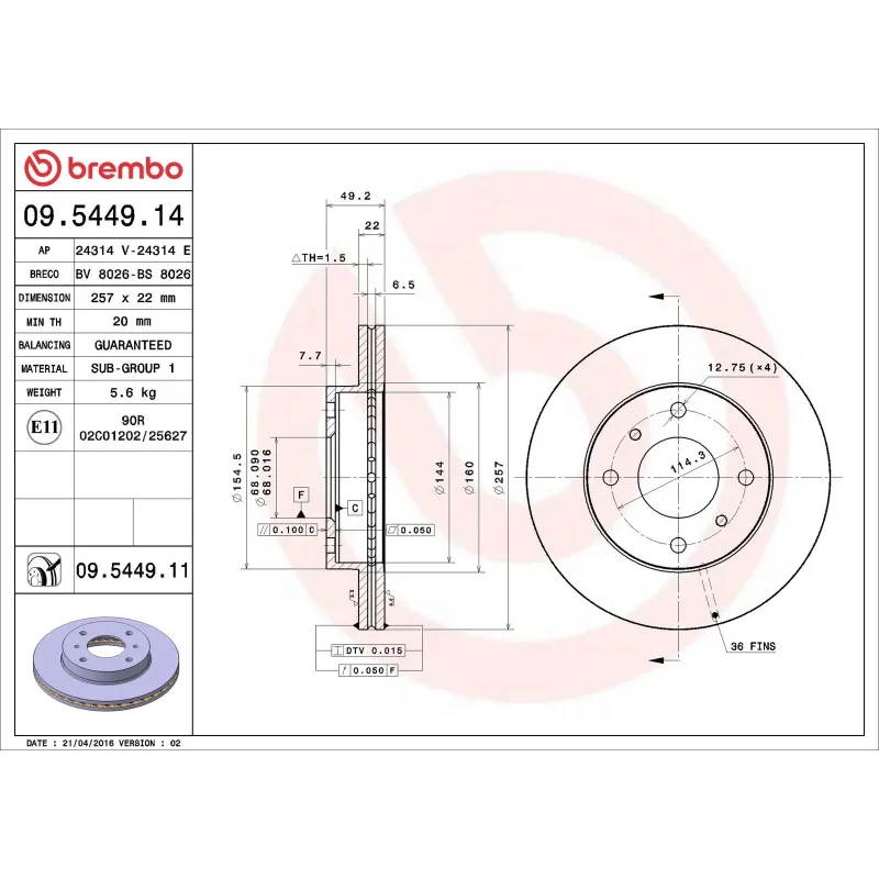 BREMBO 09.5449.14 Disco de freno (Unidad)