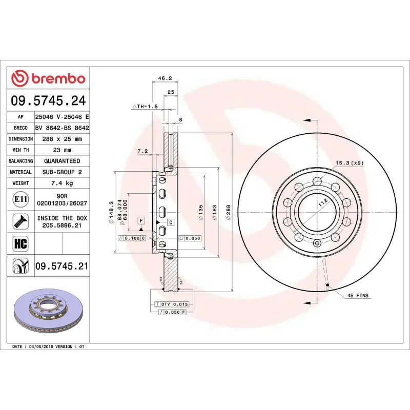 BREMBO 09.5745.24 Disco de freno (Unidad)