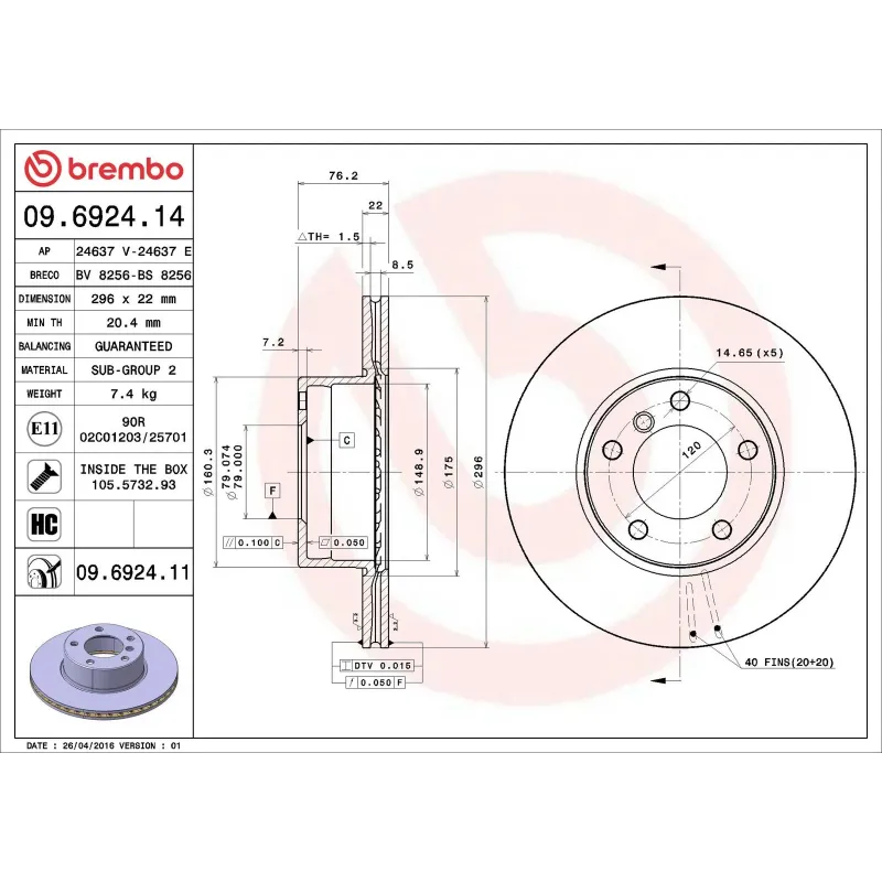BREMBO 09.6924.14 Disco de freno (Unidad)