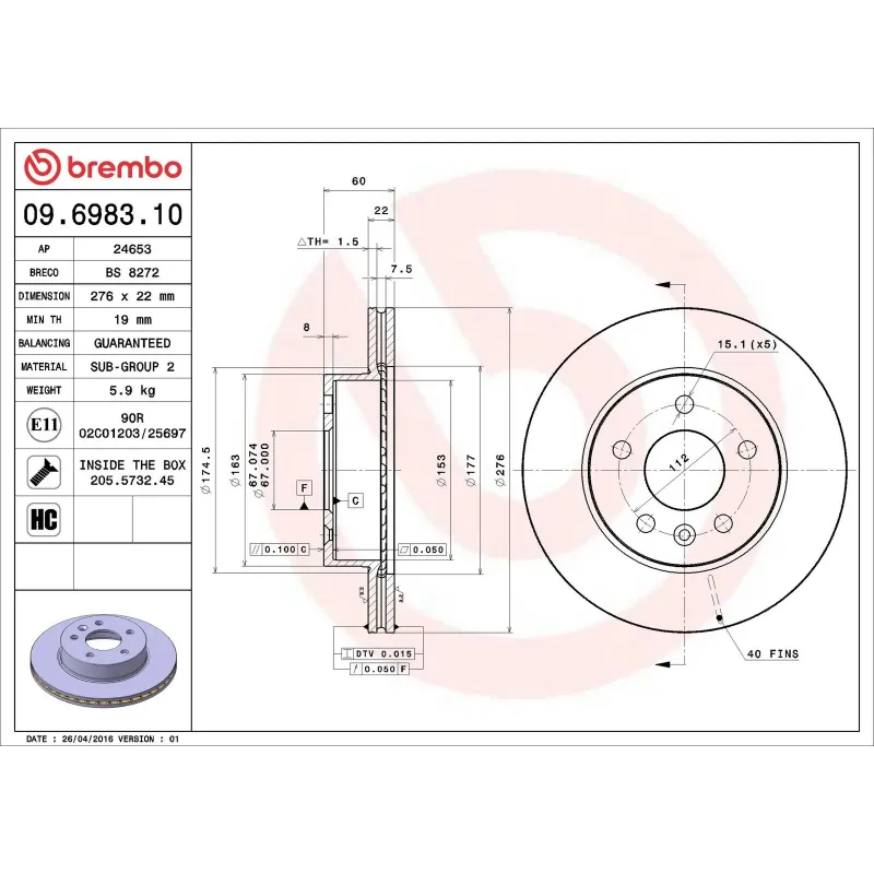 BREMBO 09.6983.10 Disco de freno (Unidad)
