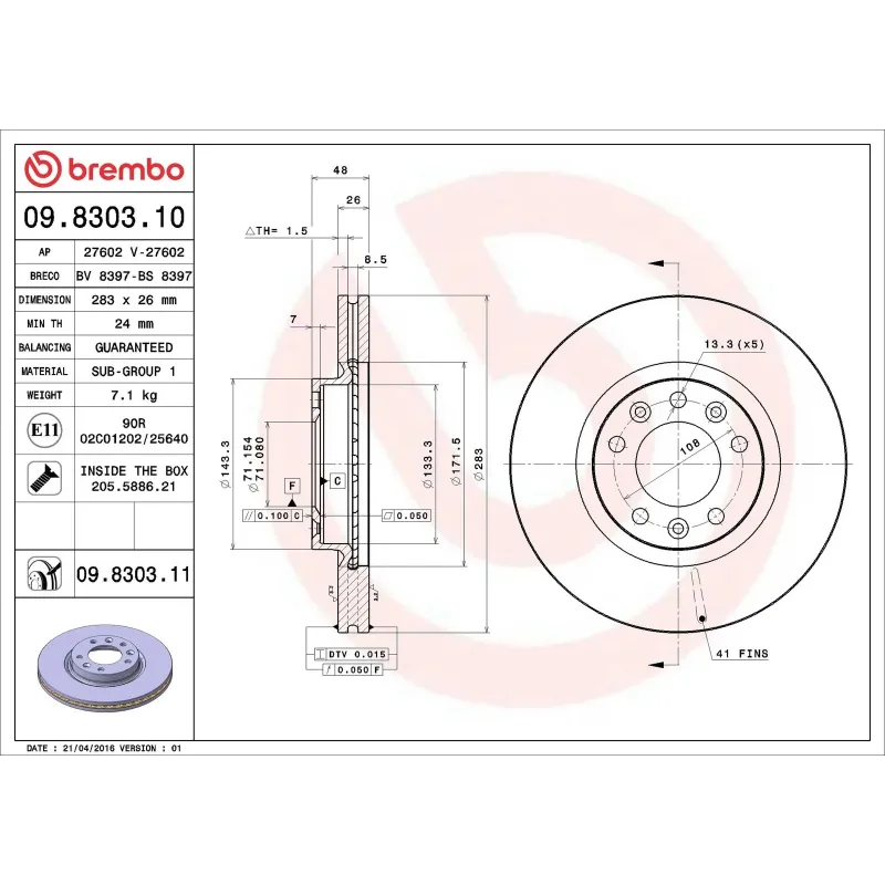 BREMBO 09.8303.10 Disco de freno (Unidad)