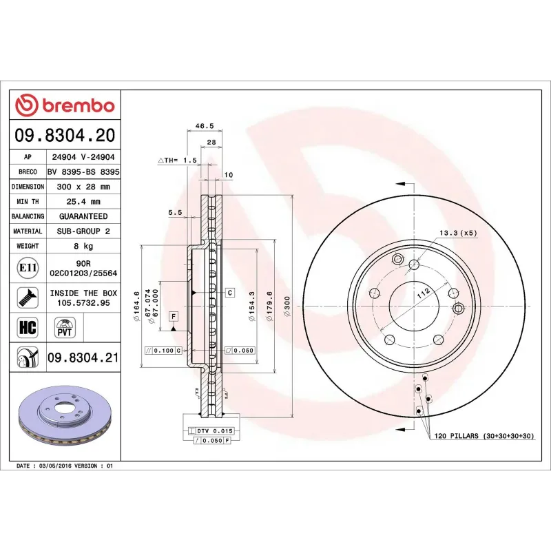 BREMBO 09.8304.20 Disco de freno (Unidad)
