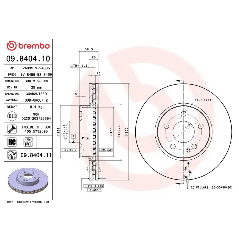 BREMBO 09.8404.10 Disco de freno (Unidad)