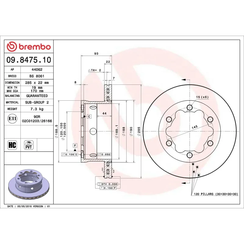 BREMBO 09.8475.10 Disco de freno (Unidad)