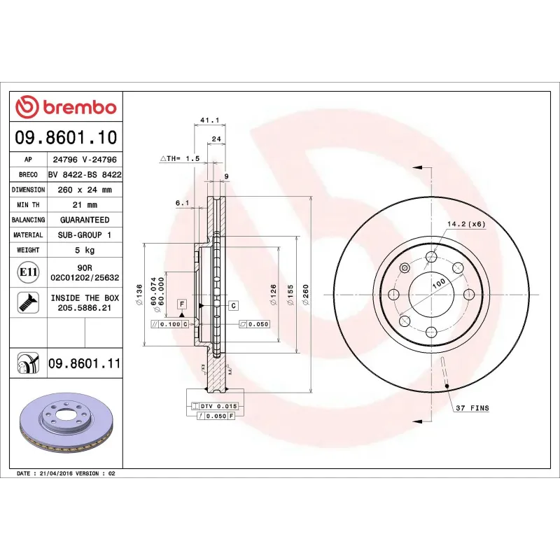 BREMBO 09.8601.10 Disco de freno (Unidad)