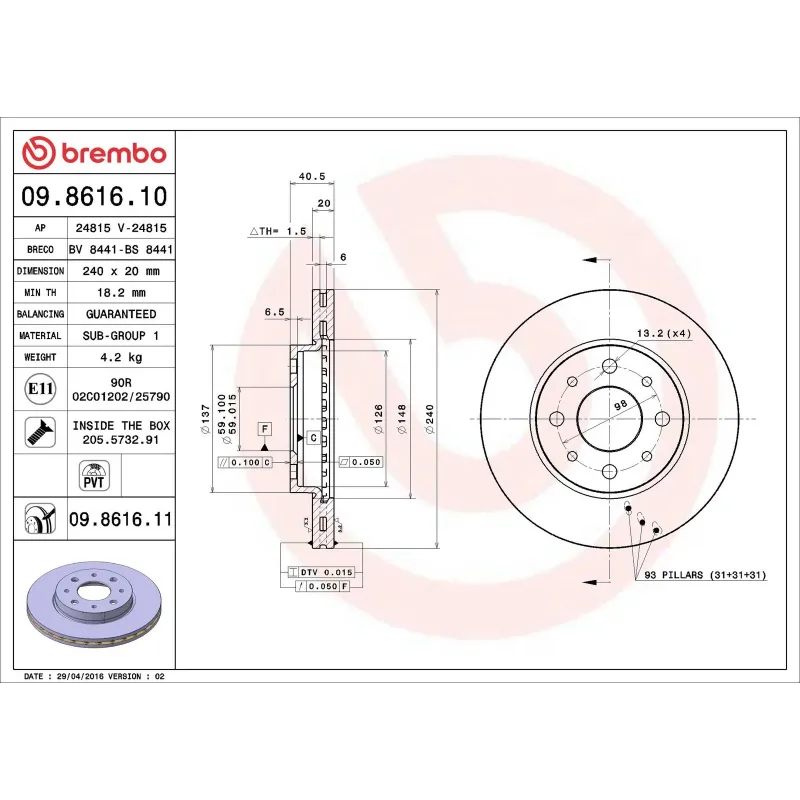 BREMBO 09.8616.10 Disco de freno (Unidad)