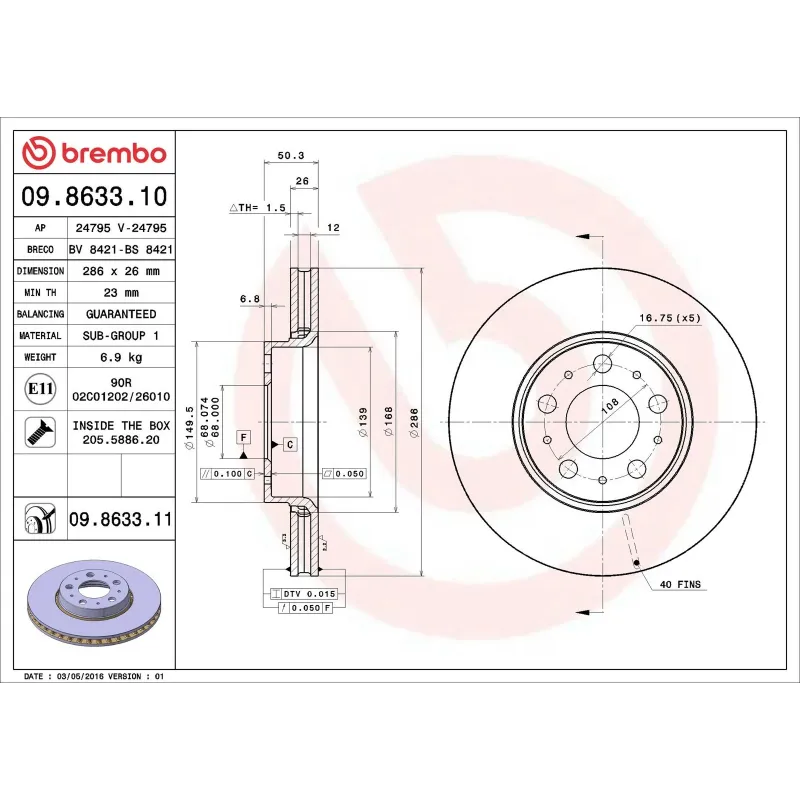 BREMBO 09.8633.10 Disco de freno (Unidad)