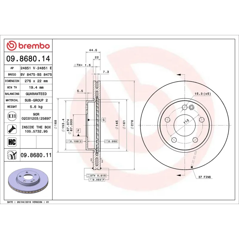 BREMBO 09.8680.14 Disco de freno (Unidad)